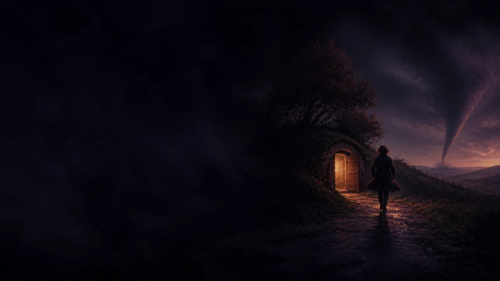 A dreamer approaching a warm storm shelter while a distant funnel forms beneath a plum night sky