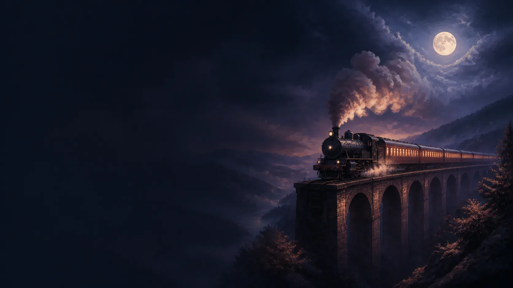 A luminous train moving through an indigo mythic landscape beneath the moon