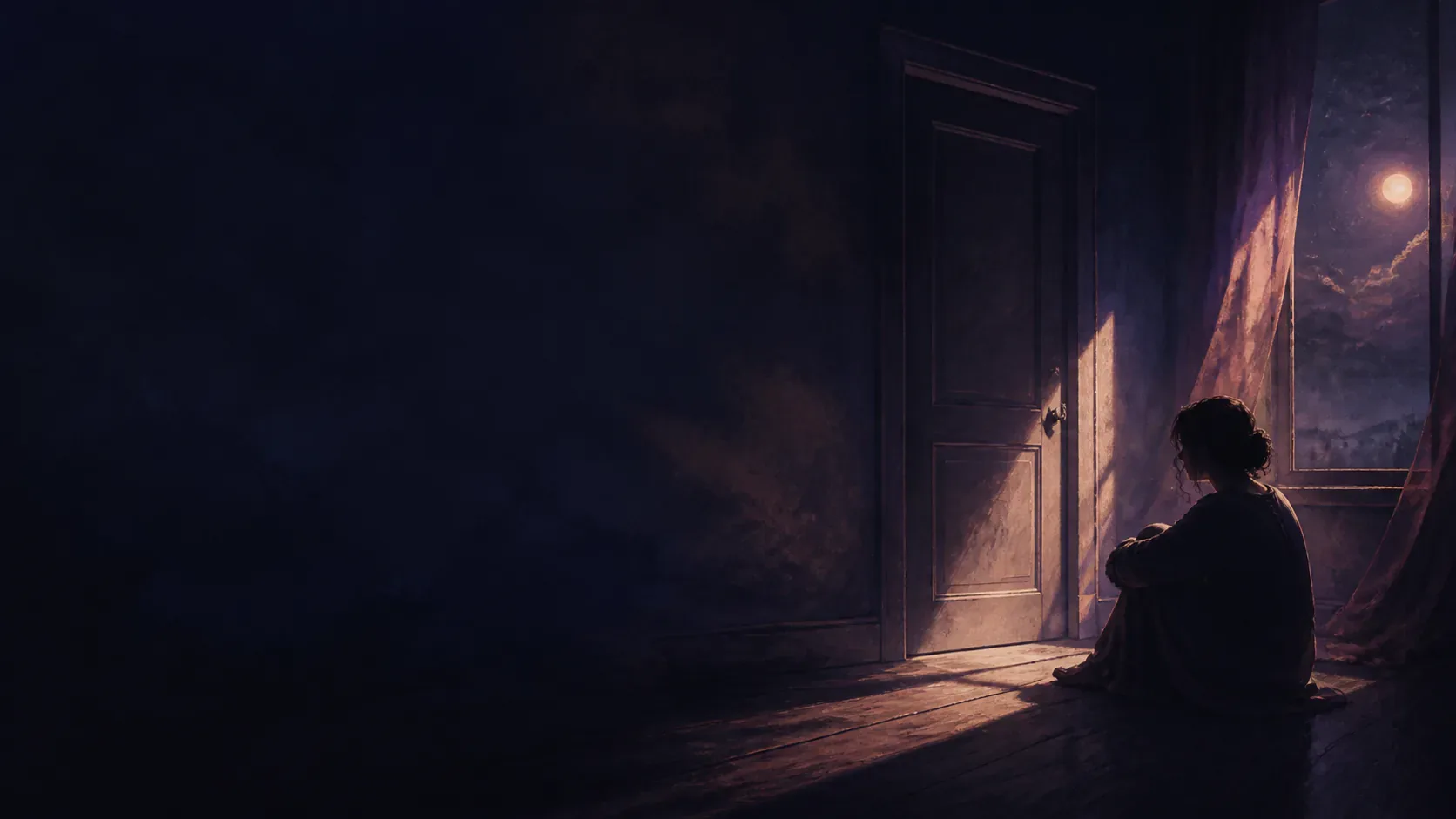 A dreamer searching for an exit in a shadowed mythic room with a distant glowing door
