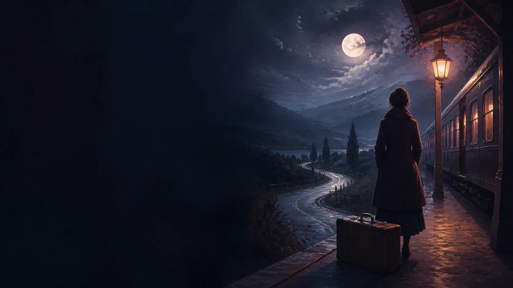 A traveler with a suitcase beside a train and winding moonlit road