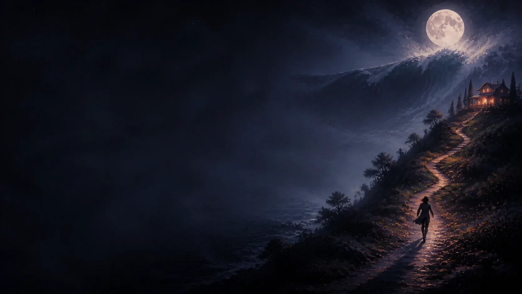 A dreamer climbing a moonlit hillside toward a warm refuge as a distant immense wave rises
