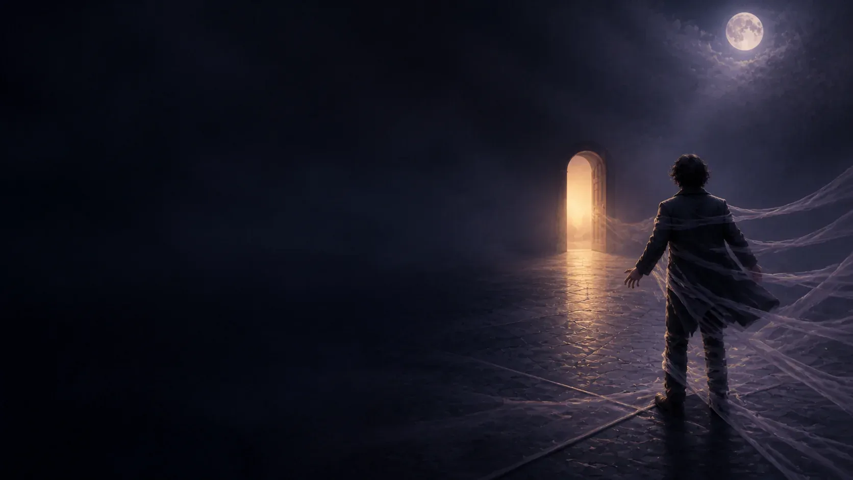 A dreamer held by translucent mist while reaching toward a warm open doorway under moonlight