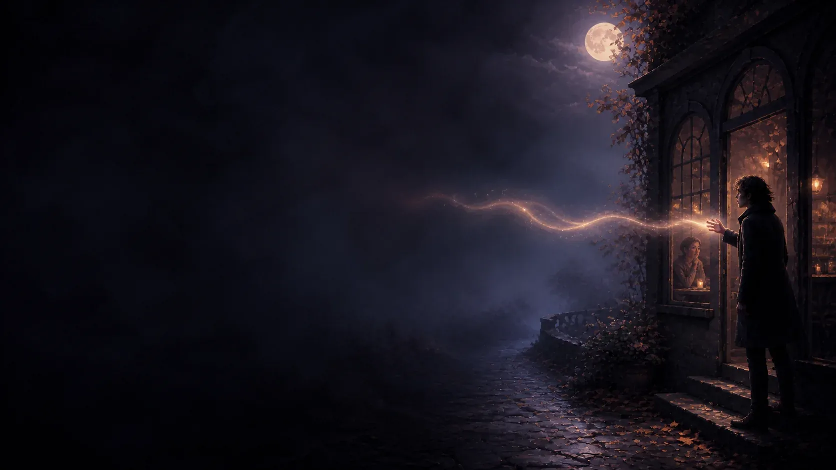 A dreamer trying to speak across a moonlit cafe threshold as a faint copper ribbon of breath fades