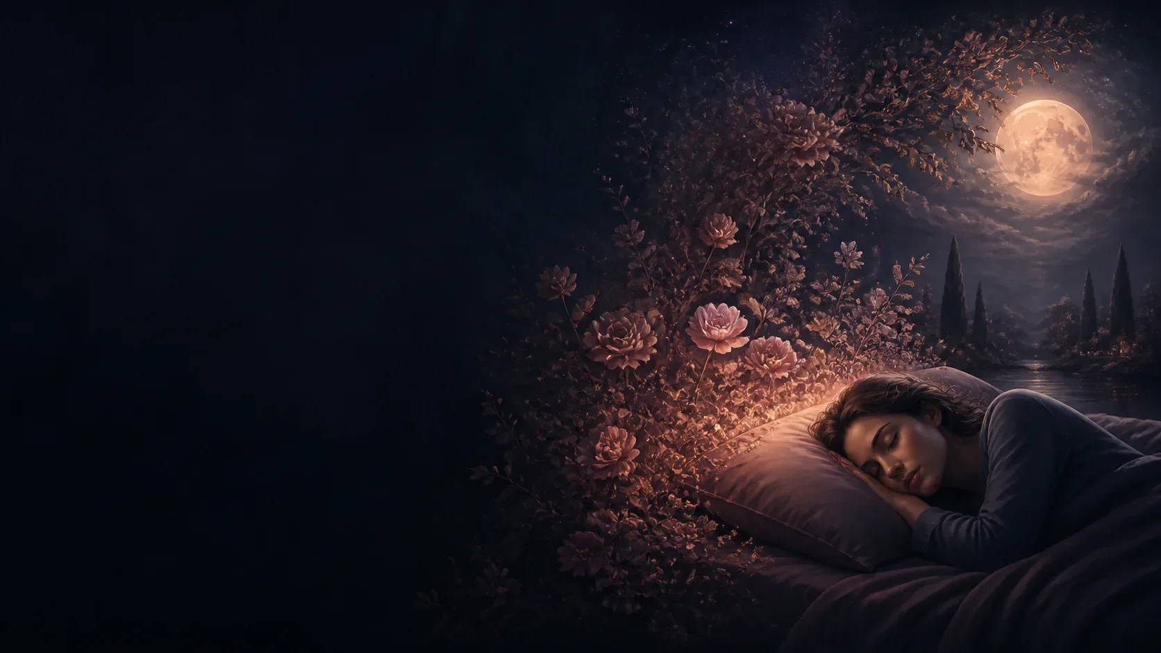 A sleeper surrounded by vivid indigo dream scenes and luminous sensory details