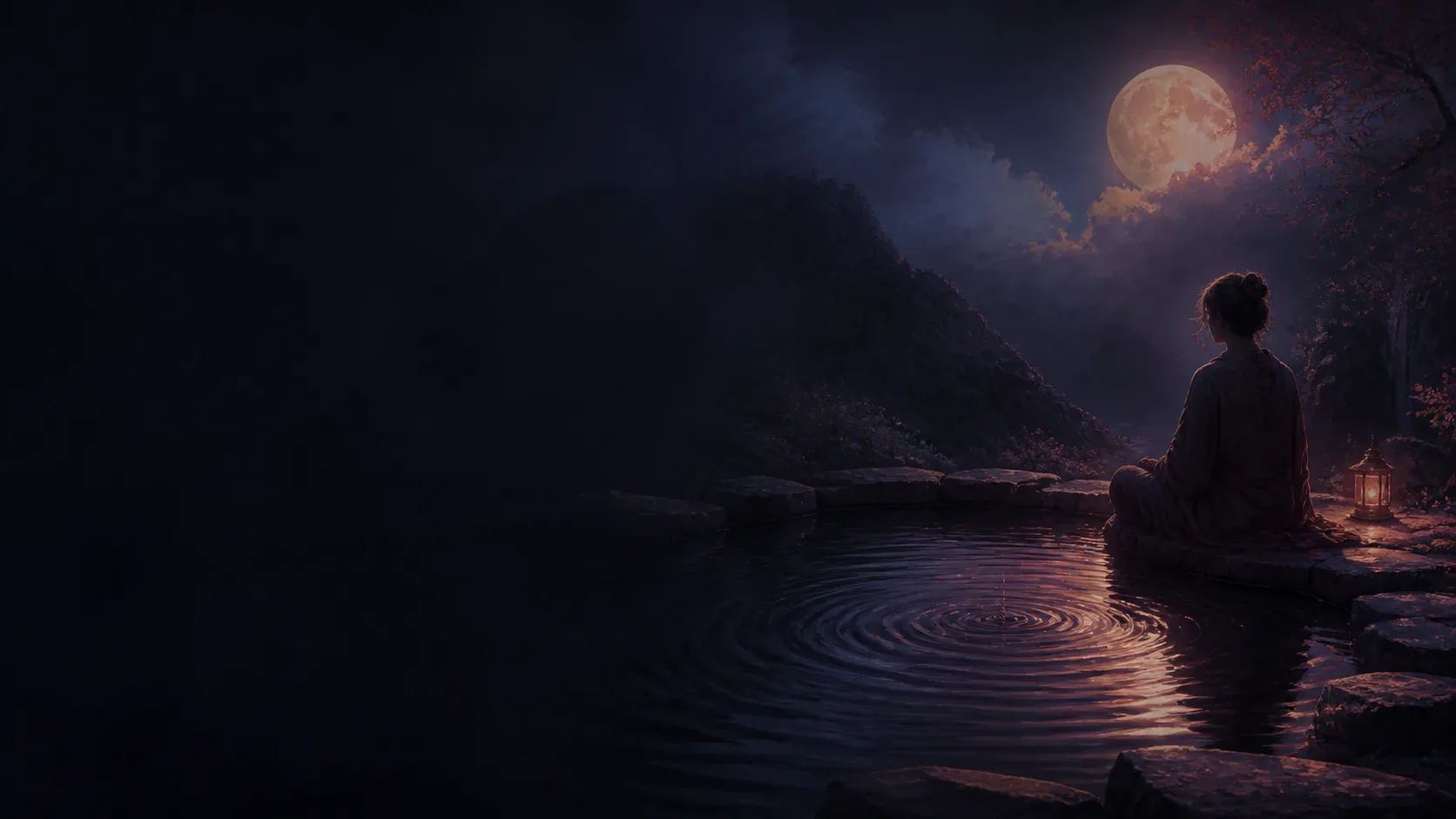 Moonlit water flowing past a mythic cafe terrace beneath copper lanterns