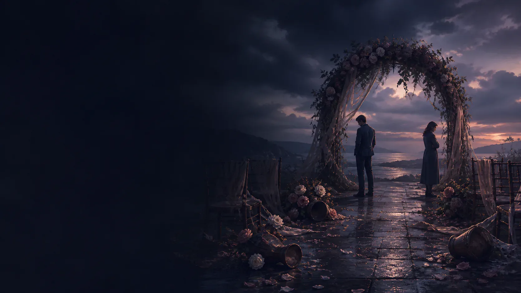 A disrupted wedding ceremony beneath a mythic twilight sky with scattered flowers