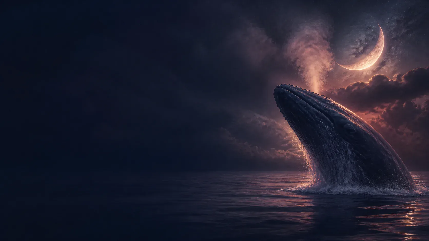 A great whale surfacing beneath copper light in a mythic indigo ocean