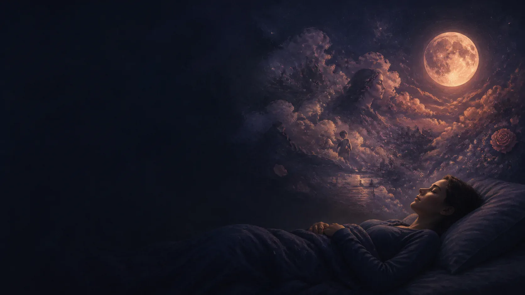 A sleeping figure beneath branching dream scenes of memory, emotion, and imagined places in a mythic indigo sky