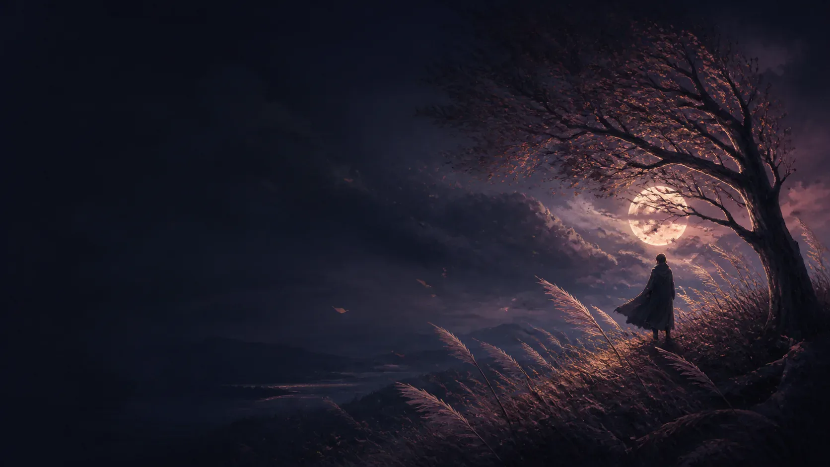 A lone tree bending in copper-lit wind across a dark mythic landscape