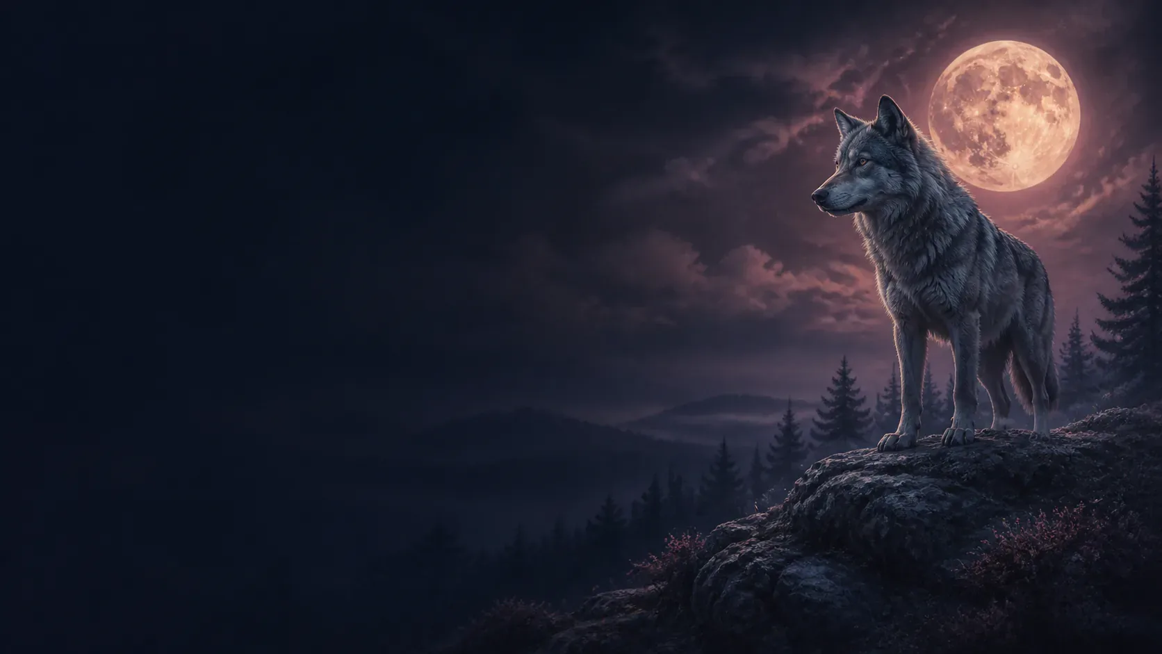 A silver wolf watching from a moonlit ridge beyond a mythic indigo cafe